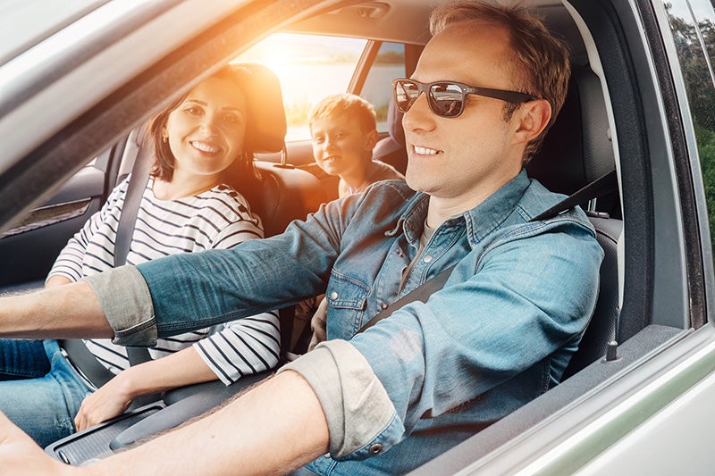 A family is enjoying a sunny road trip together.